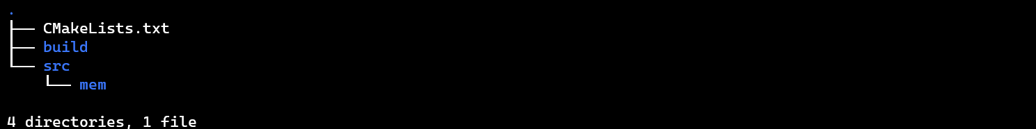 A capture of the tree command, showing a folder named src with a subfolder named mem, a folder named build, and a file named CMakeLists.txt